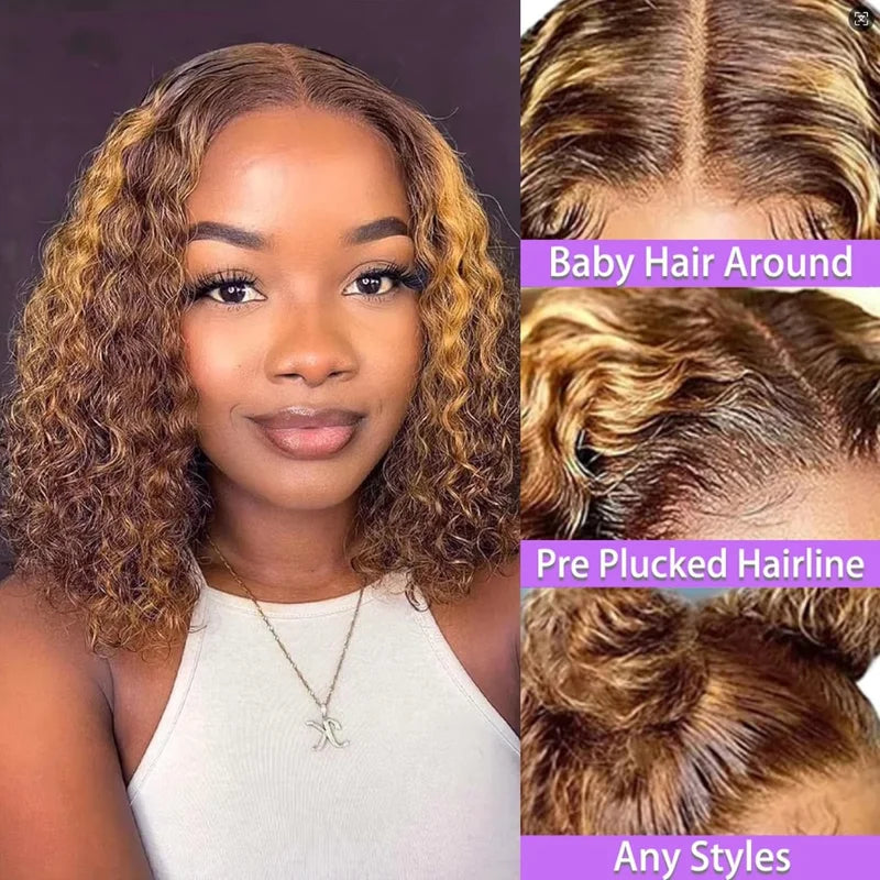 Glueless Highlight Bob Wig Human Hair with 5x5 HD Lace Closure - Deep Wave, Curly, Blonde