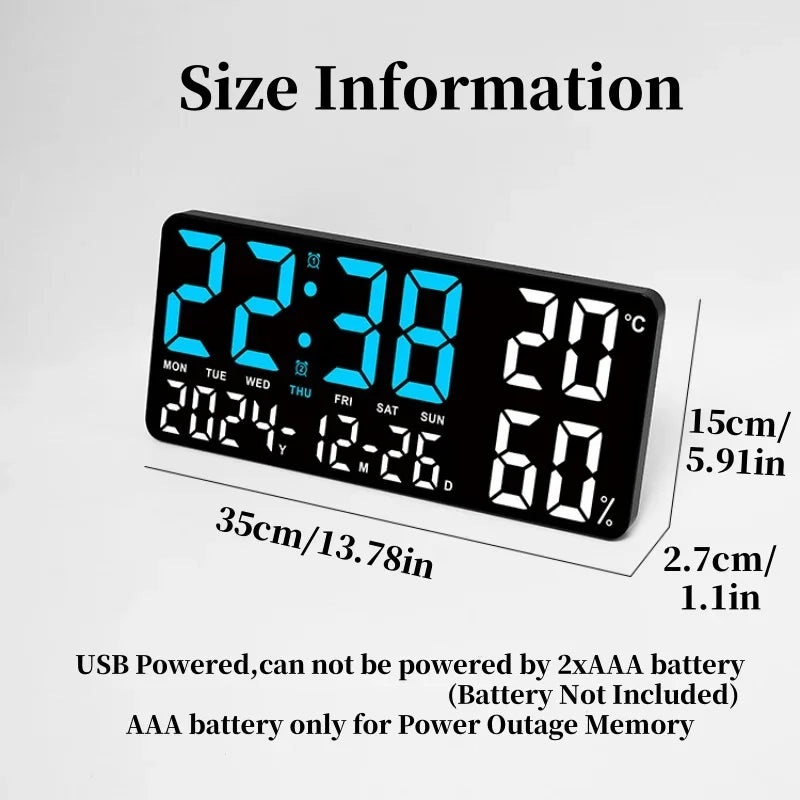 Digital Wall Clock with 7-Color Mood Light, Dual Alarm, Temperature & Humidity Display