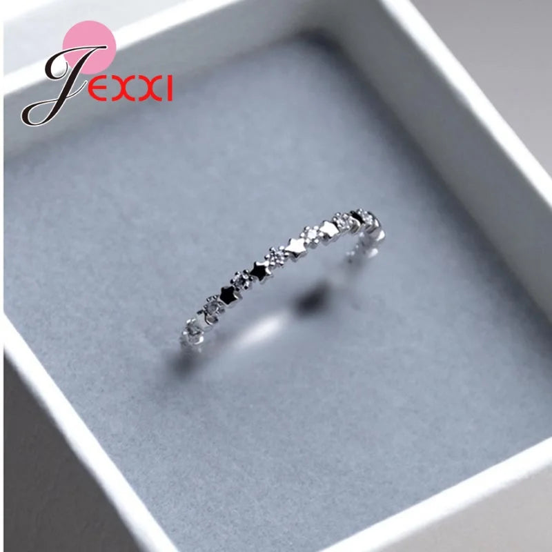 Delicate Solid 925 Silver Finger Ring with CZ Stars for Women - Wedding Gift