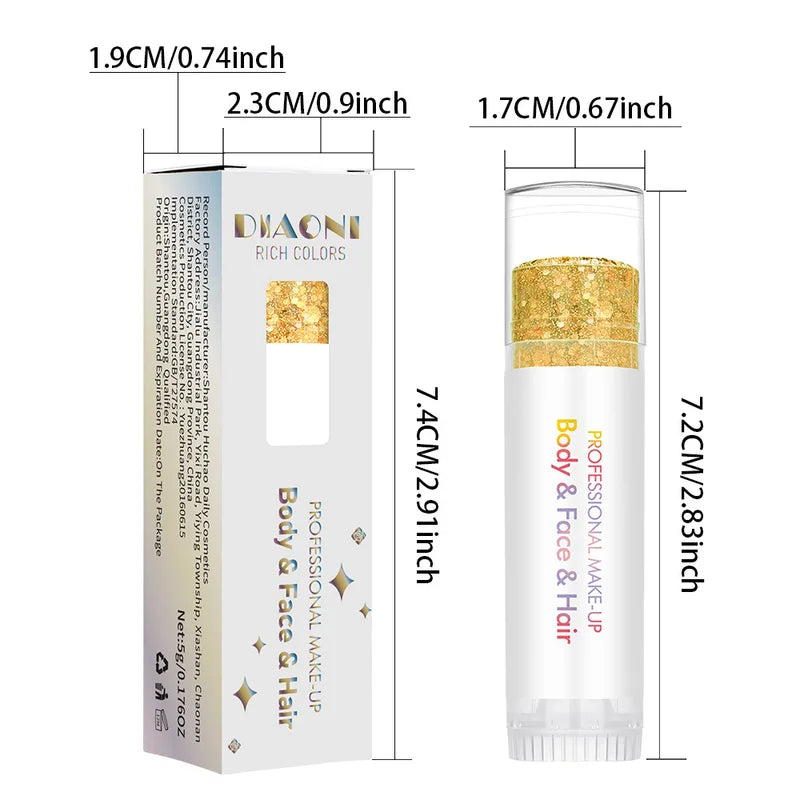 Colorful Body Glitter Stick with Sequins & Shimmer Topcoat for Makeup & Hair - Festive Glam