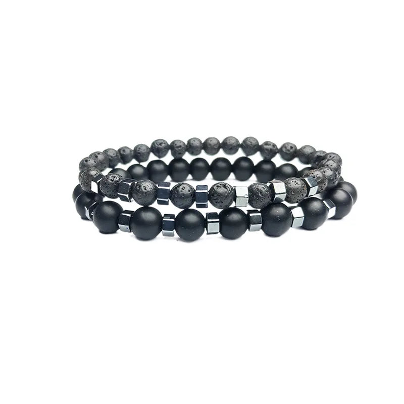 Men's Beaded Bracelet Set - Frosted Black Volcanic Stone Double Layer Jewelry