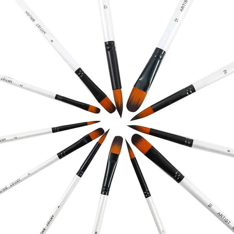 Paint Brushes Set - Round Flat Angle Filbert Watercolor Oil Gouache Art Supplies
