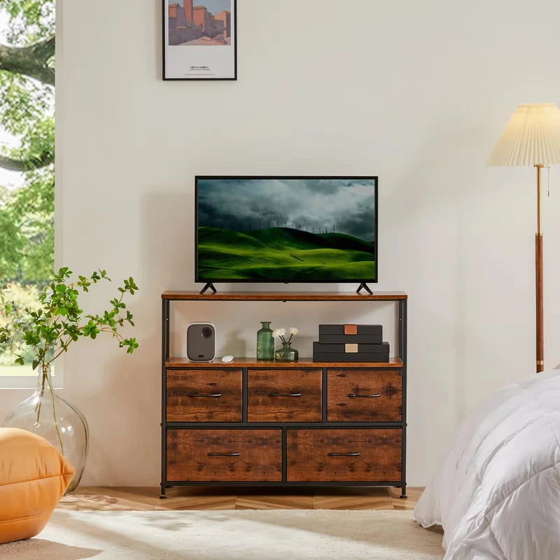 Bedroom TV Stand with 5 Fabric Drawers Storage Closet Chest - Multi-Use Dresser