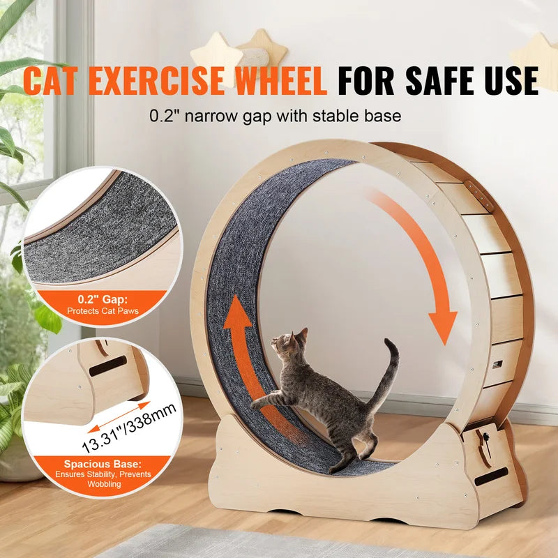 Large Wooden Cat Exercise Wheel with Detachable Carpet & Teaser - Quiet Indoor Treadmill for Cats