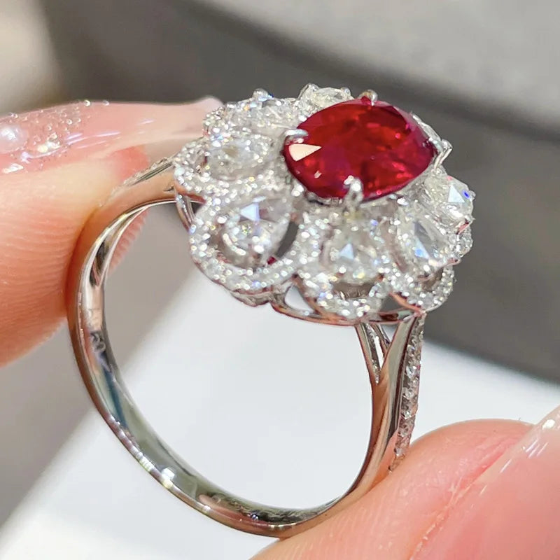 Luxury Red Oval Gemstone Ring with Diamond Zircon in Sterling Silver for Special Occasions