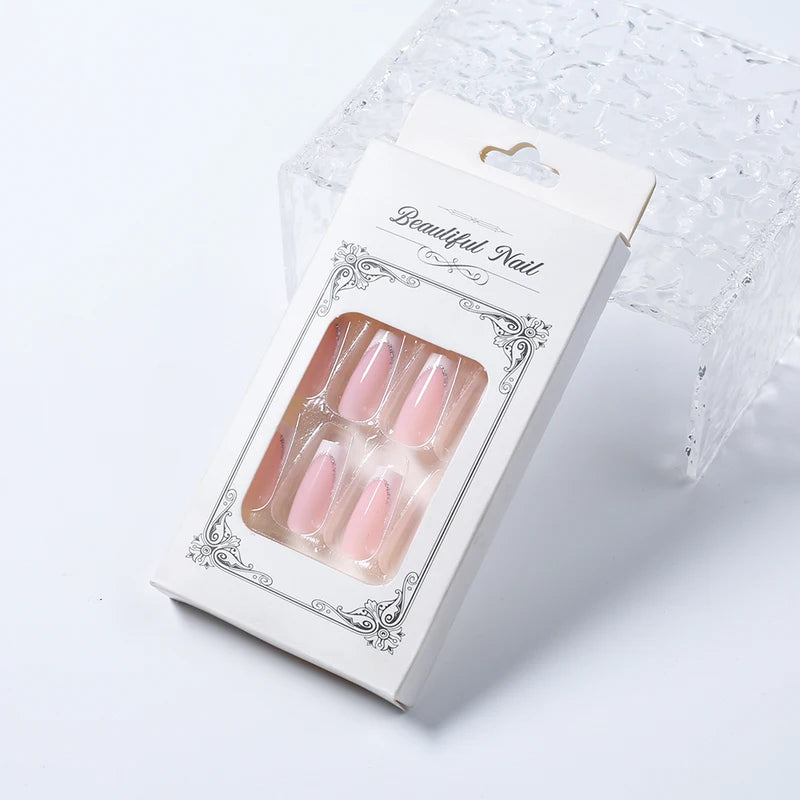 24Pcs Short Square Coffin Fake Nails with French Glitter Acrylic Full Cover for Women