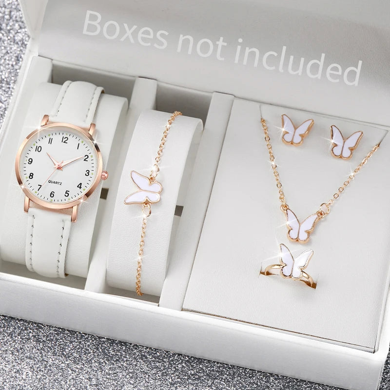 Women's Fashion Arabic Dial Leather Band Quartz Watch Set with Jewelry - Multiple Colors