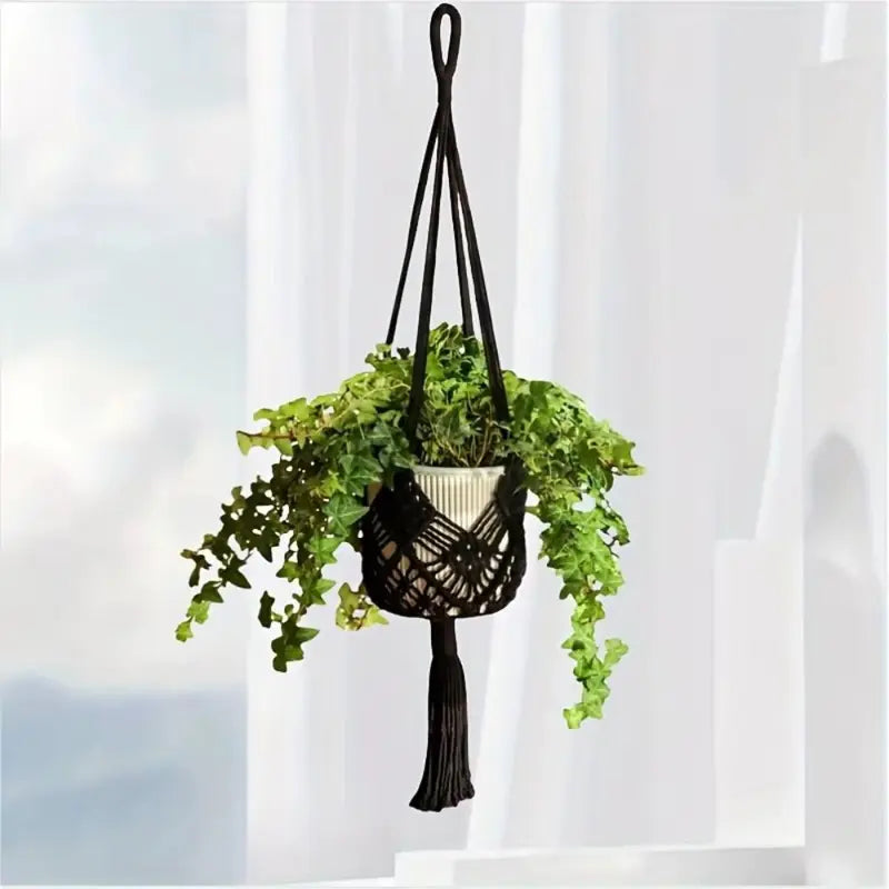 Boho Cotton Rope Plant Hanger with Net Pouch - Indoor Outdoor Hanging Basket