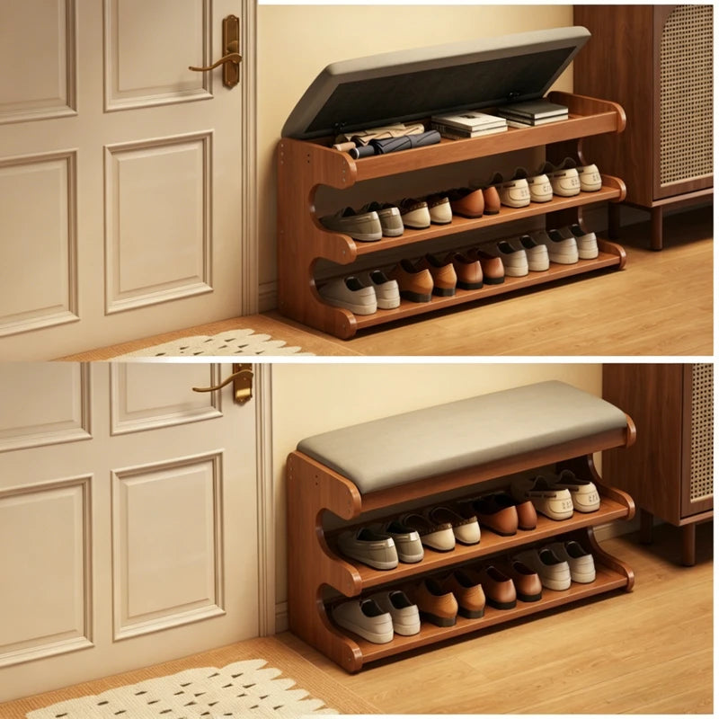 Upholstered Shoe Storage Bench with Flip Top Seat Entryway Organizer