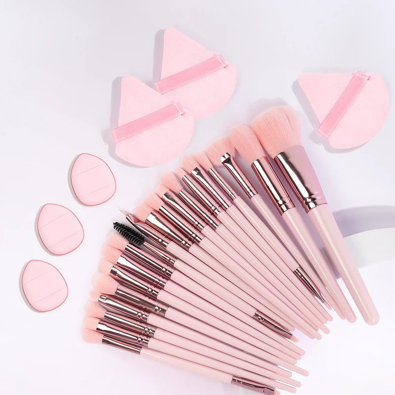 20-Piece Makeup Brush Set with Cushion Puffs - Professional Synthetic Fiber Tools
