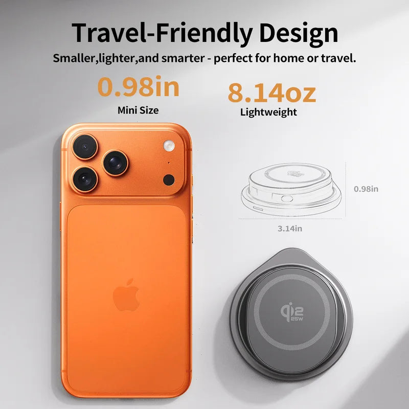 Wireless Charger Stand Qi2.2 25W Fast Charging Dock for iPhone, Watch, Earbuds - Metal, 360° Rotation