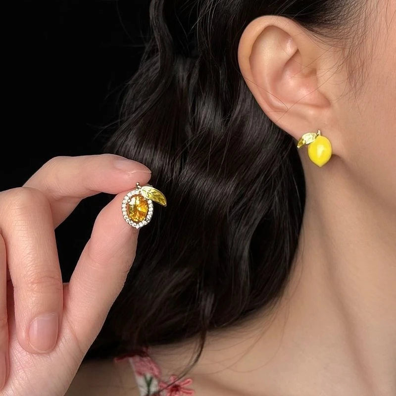 Summer Fruit Zircon Stud Earrings for Women - Cute Lemon Design Party Jewelry