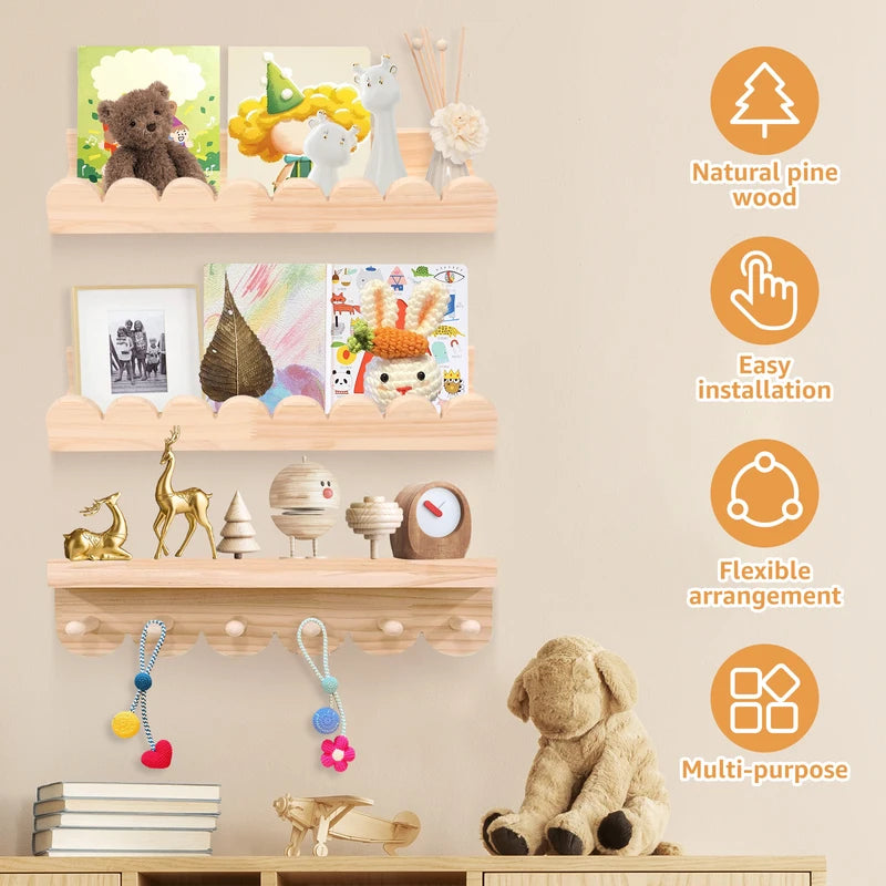 Wooden Floating Wall Shelves with Hooks - Nursery and Living Room Storage Organizer