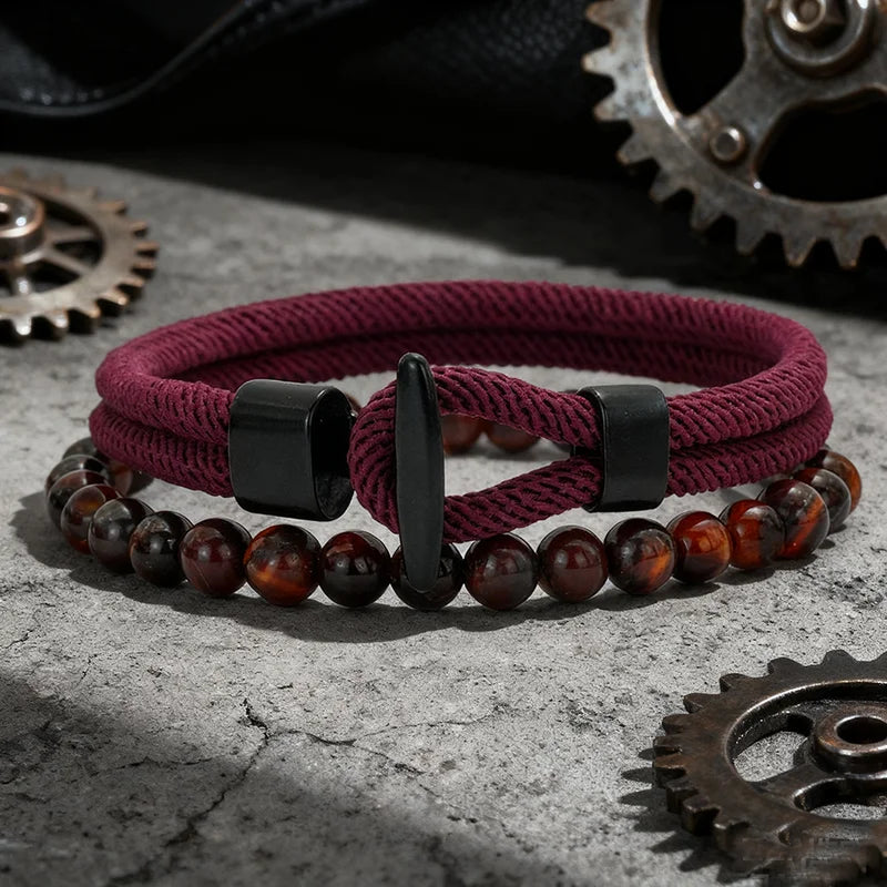 Men Bracelet Set 2Pcs Nautical Rope Wrap with Tiger Eyes & Onyx Stones - Multiple Colors