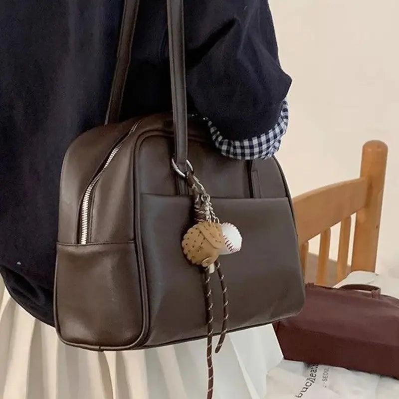 Large Capacity PU Leather Shoulder Bag with Pendant for Women