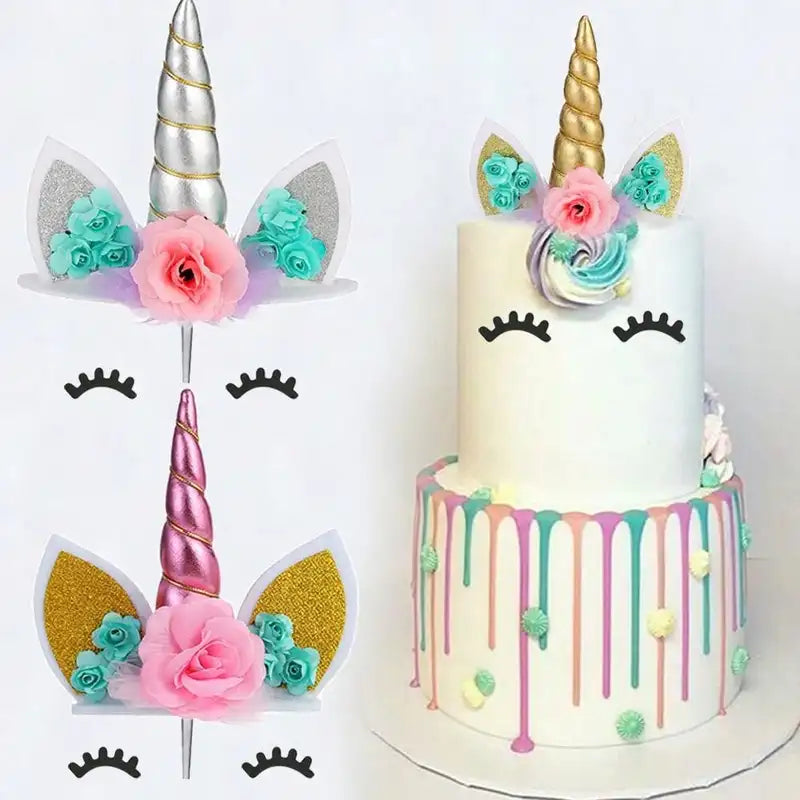 Unicorn Cake Topper with Eyelashes - Birthday Party Cake Decoration Supplies