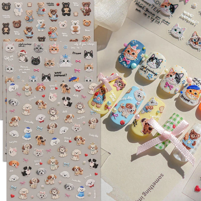 3Pcs Cute Cartoon Nail Art Stickers - Embroidered Kittens, Dogs & Bears
