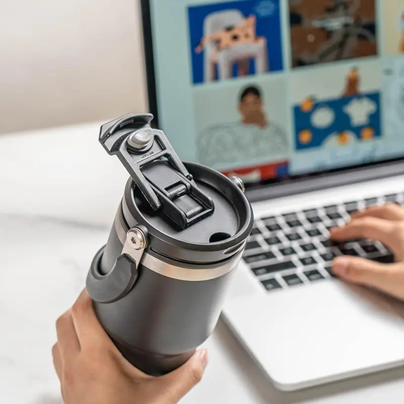 Insulated Travel Mug Stainless Steel Coffee Cup with Handle and Detachable Straw