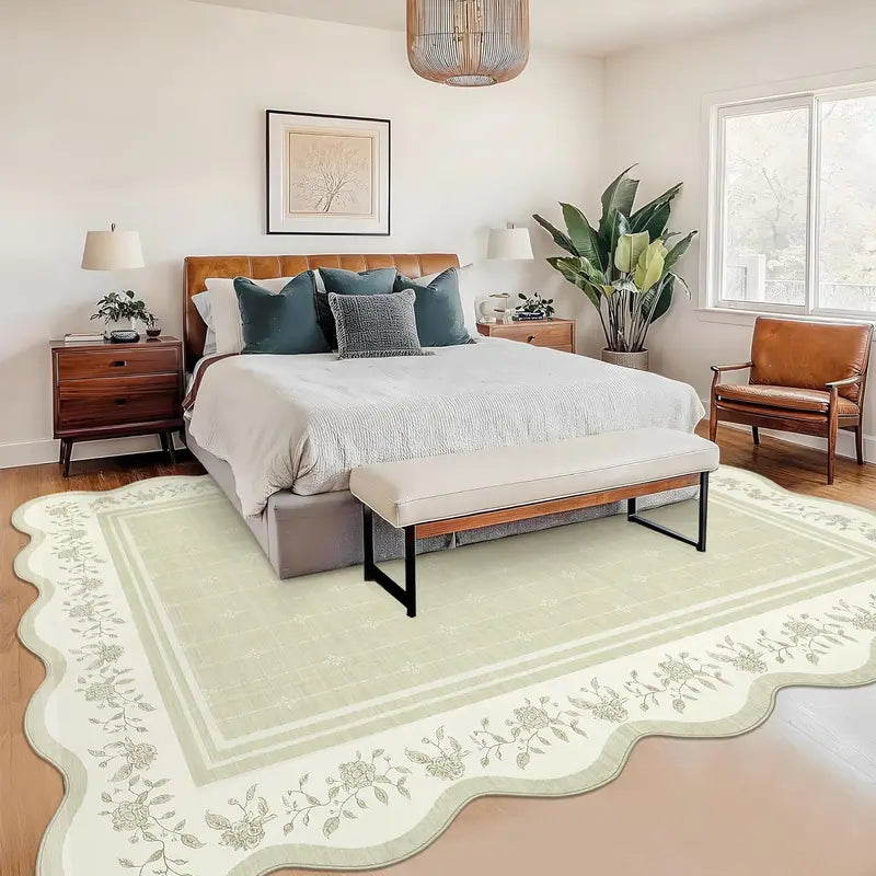 8x10 Beige Scalloped Edge Washable Area Rug - Low Pile, Stain-Resistant Floor Carpet for Living Room & Bedroom