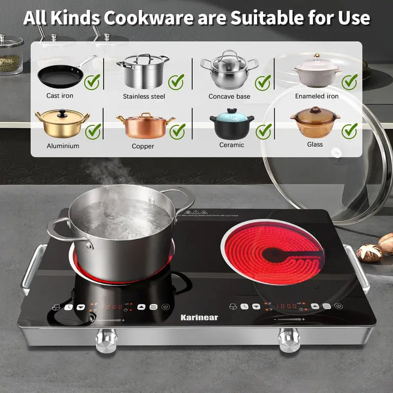 Portable Ceramic Electric Hob 2 Zones 3200W with Safety Lock & Touch Control