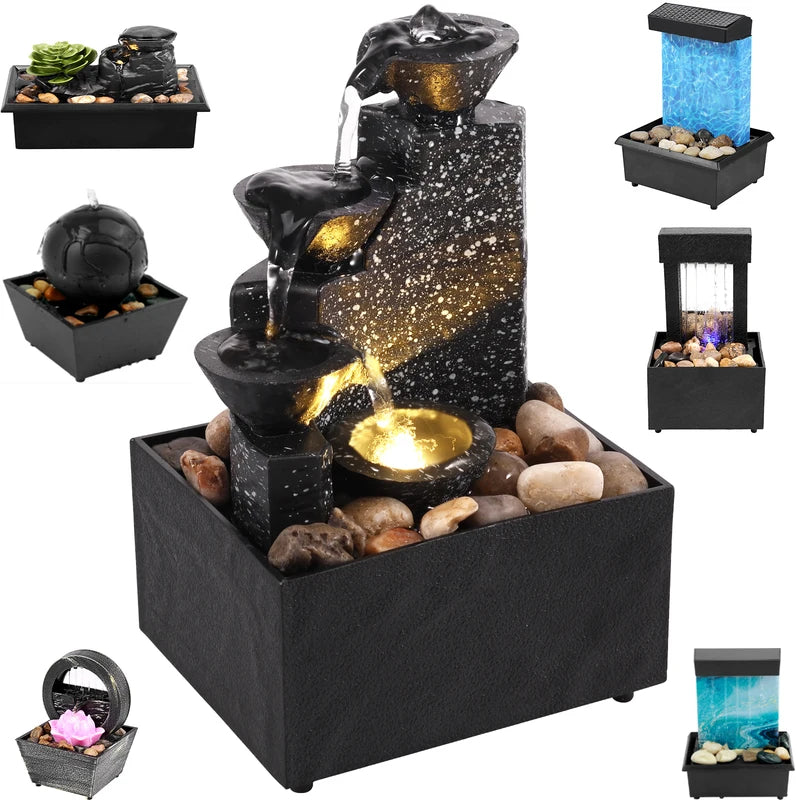 Tabletop Water Fountain with Lights – Relaxation Desk Decor for Home & Office