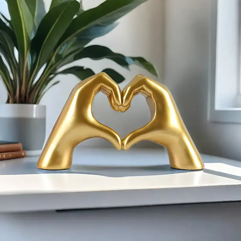 Golden Heart Hand Statue Mini Resin Decor for Valentine & Birthdays