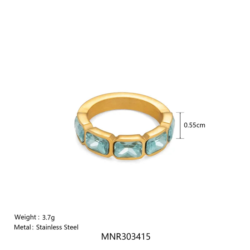 Large Blue Glass Finger Rings for Women - Minimalist Zirconia Jewelry Set