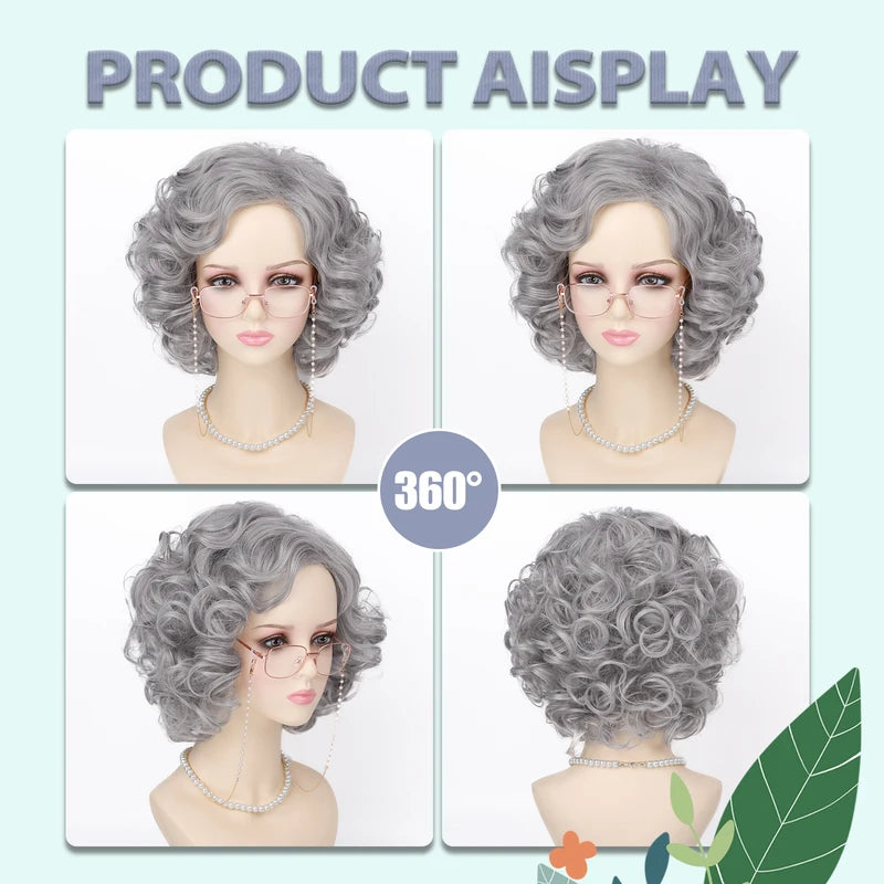 Gray Short Curly Wig Accessories 5-Piece Set for Women and Cosplay