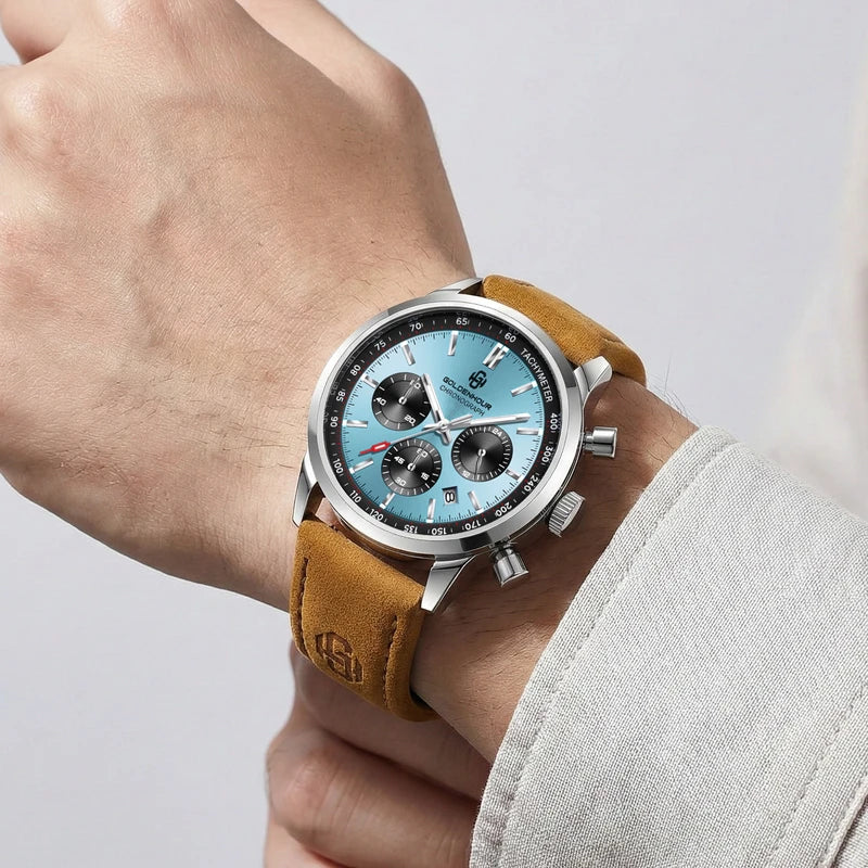 Luxury Men's Sport Watch with Sky Blue Dial Waterproof Chronograph Leather Strap