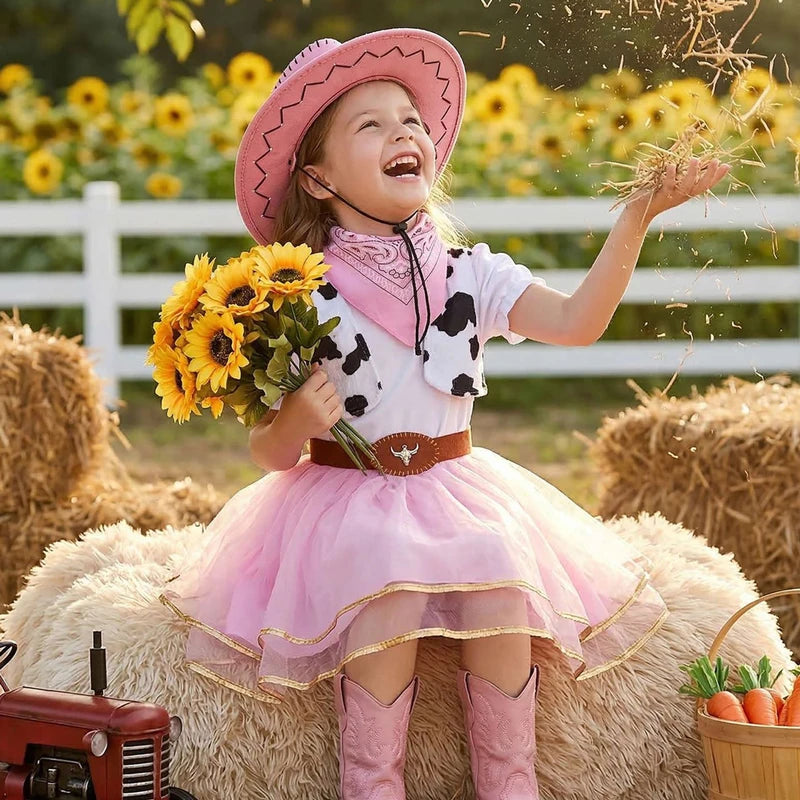 Girls Cowgirl Costume Dress with Cowboy Hat for Halloween and Parties