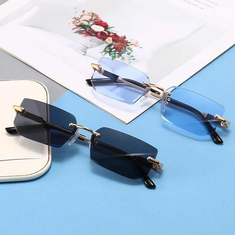 Unisex Rimless Rectangle Sunglasses - Small Square Shades for Summer Travel
