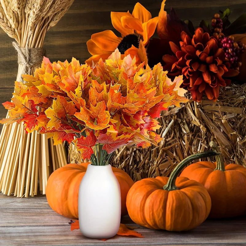 Artificial Autumn Maple Leaves 10Pcs Fall Leaf Stems for Thanksgiving & Halloween Decor