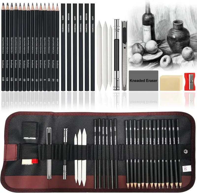 29-Piece Drawing Kit Set with Sketching Pencils Charcoal Sticks Eraser & Sharpener