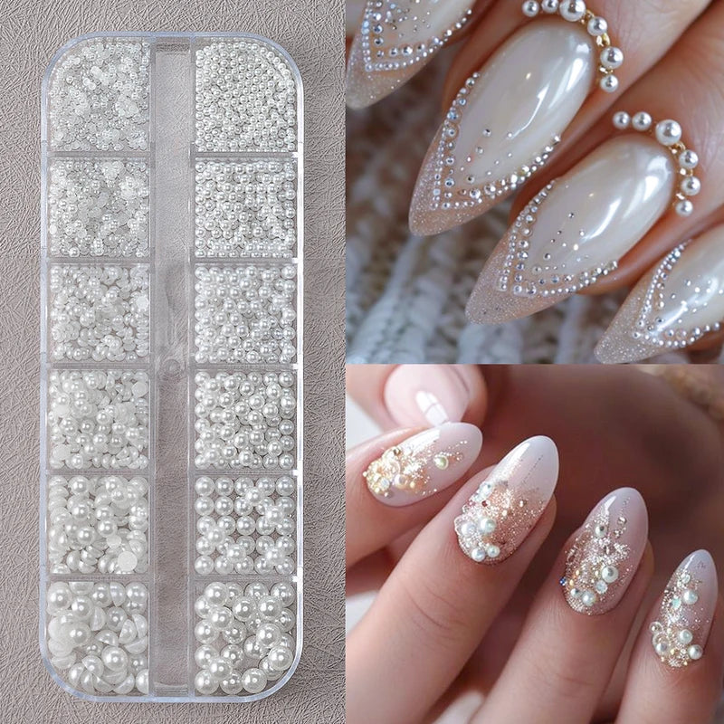 12-Grid Mixed White Pearl Nail Charms for Manicure DIY Jewelry