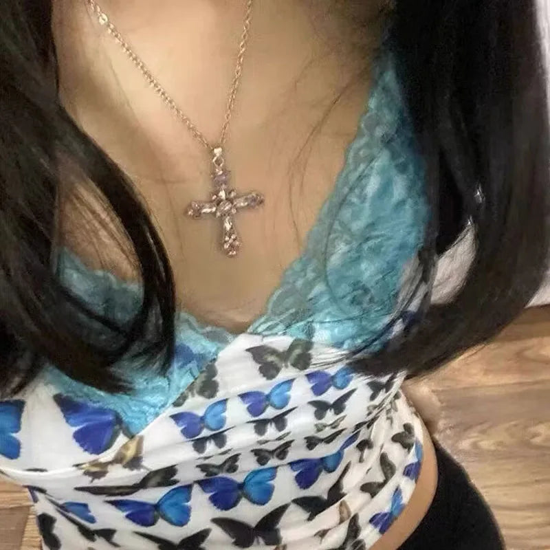 Gothic Pink Cross Necklace for Women Y2K Punk Heart Pendant Jewelry