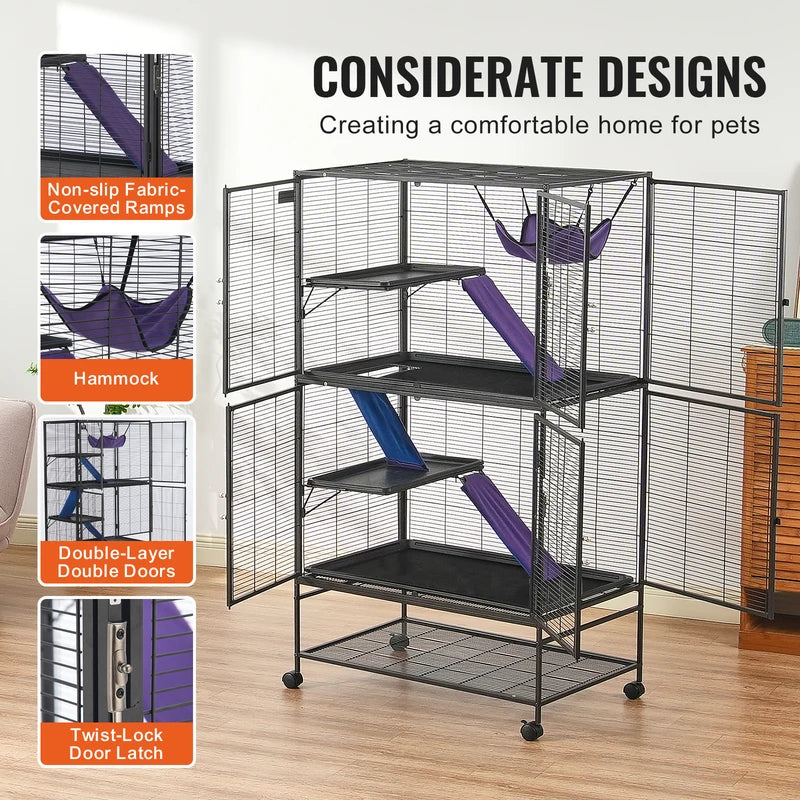 Large 4-Tier Metal Ferret Cage with Wheels & Multiple Platforms for Small Animals