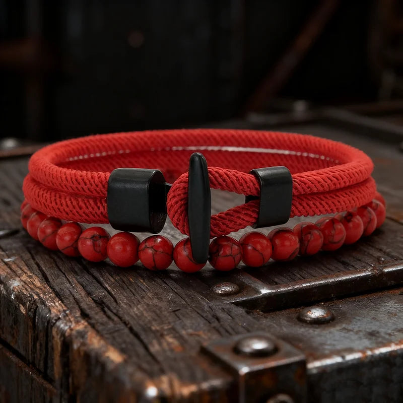 Men Bracelet Set 2Pcs Nautical Rope Wrap with Tiger Eyes & Onyx Stones - Multiple Colors