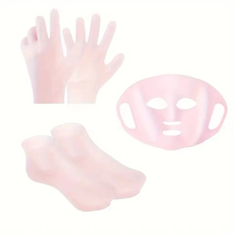 Silicone Skin Care 3-Piece Set - Reusable Moisturizing Masks, Gloves & Socks for Hands, Feet & Face