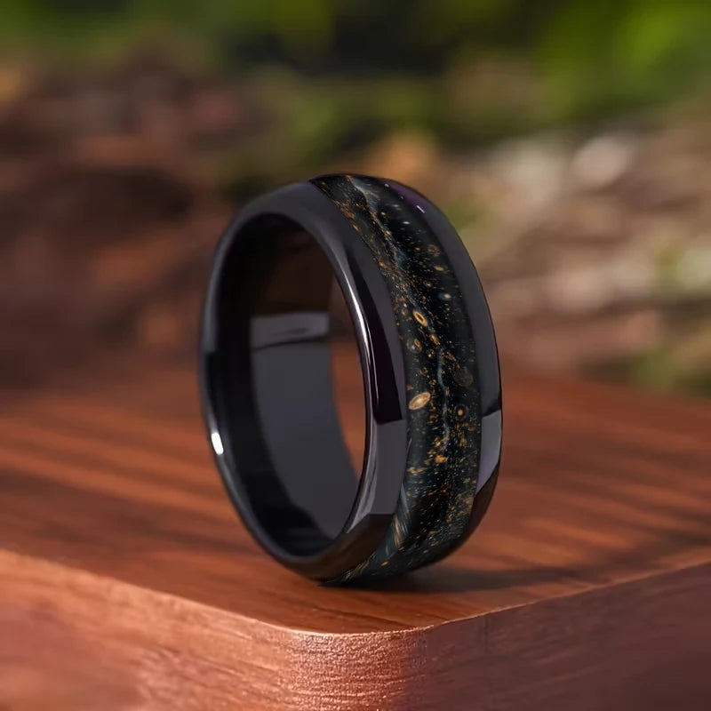 Starry Night Meteorite Inlay Wedding Band Steel Ring for Men - Multiple Sizes