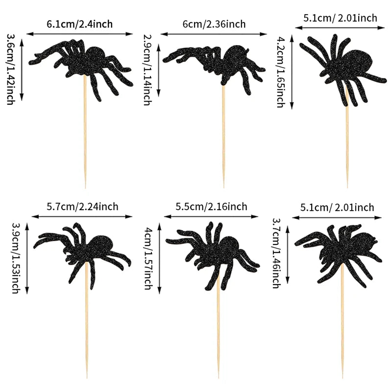 Halloween Spider Cupcake Decorations Set - 24 Glitter Toppers for Party Cakes