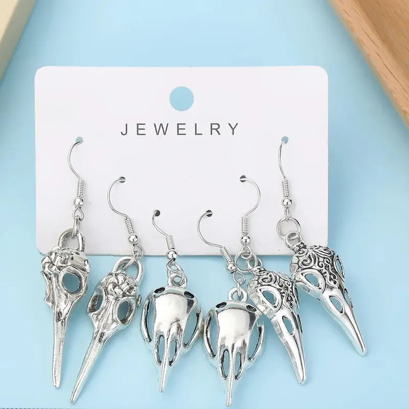 Gothic Bird Dead Crow Moon Earrings Set - Pentagram Skull Halloween Punk Jewelry for Women