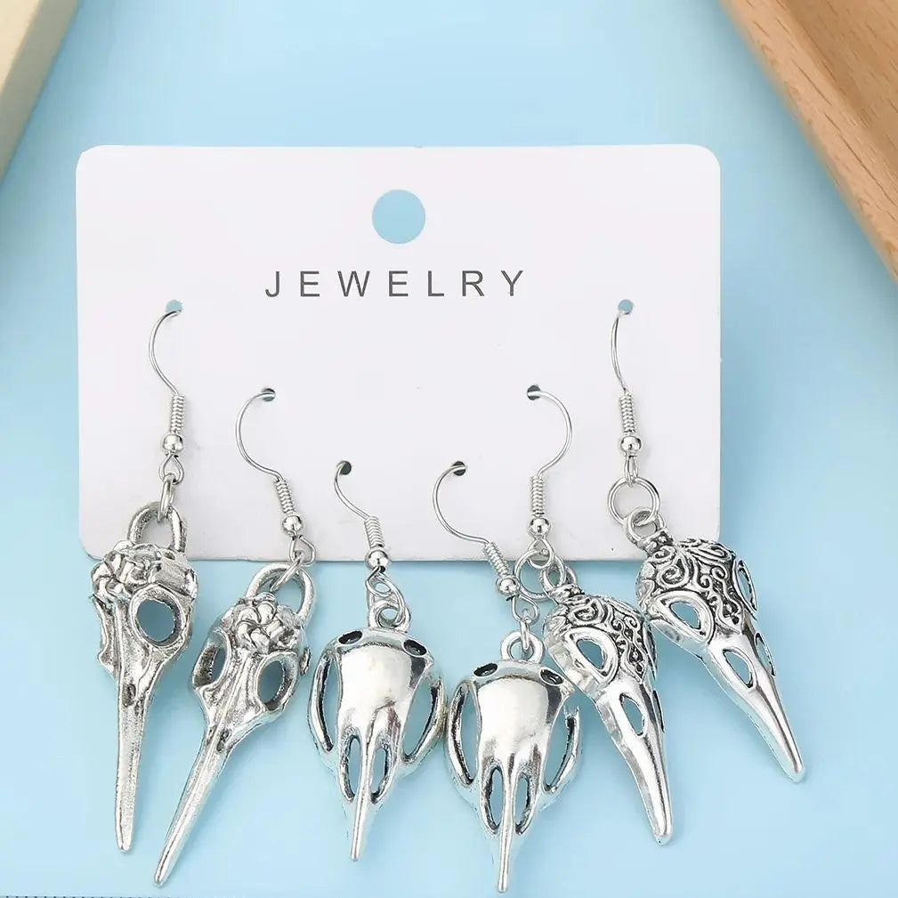 Gothic Bird Dead Crow Moon Earrings Set - Pentagram Skull Halloween Punk Jewelry for Women
