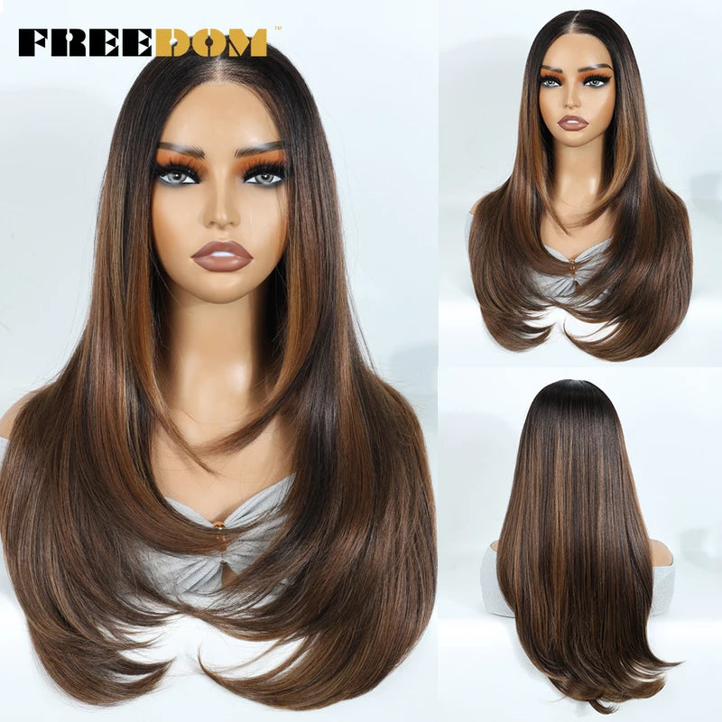 Layered Straight Synthetic Lace Front Wig for Black Women - Glueless Ombre Brown T-Part & 6x4 Pre-Plucked Style