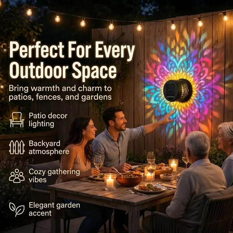 Solar Mandala Wall Light Outdoor Garden Fence Projector Lamp Waterproof Decor