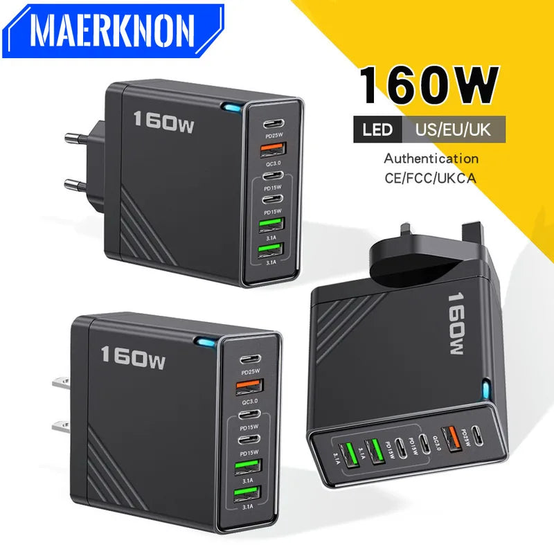 160W Multi-Port USB Type C Phone Charger Adapter with EU/US/UK Plugs