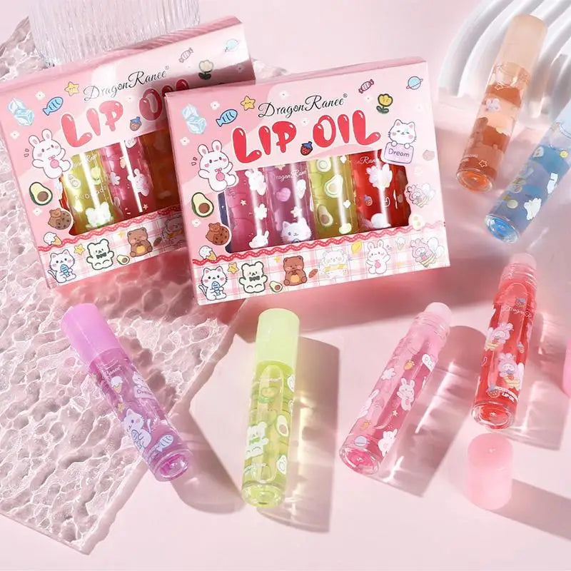 Moisturizing Lip Oil Set with Flower Essential Oils - 6pcs Natural Gloss for Women & Kids