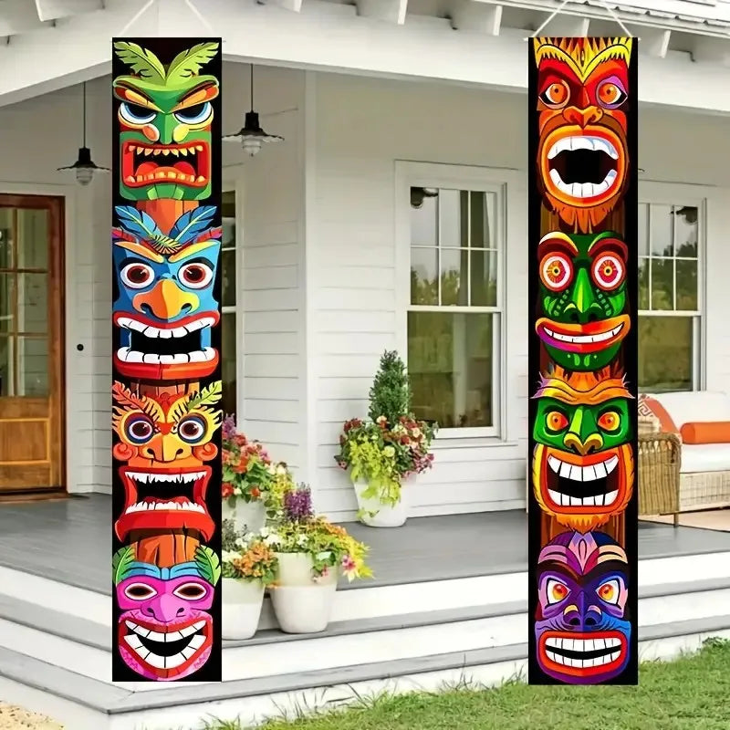 2-Piece Hawaiian Tiki Door Flag Set with Aloha Tropical Logo for Party and Decor