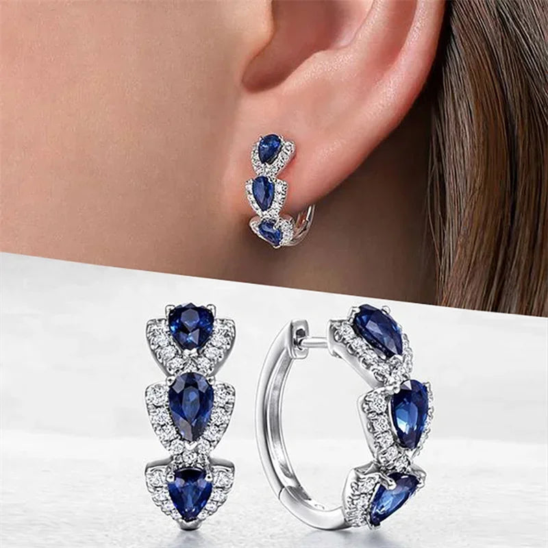 Trendy Blue Cubic Zirconia Hoop Earrings for Women Wedding Party Accessories