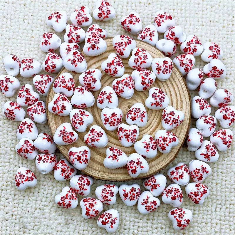 Ceramic Heart Shape Flower Pattern Beads for Jewelry Making 12mm 10pcs