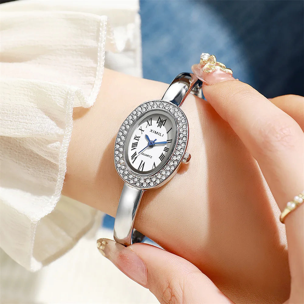 Oval Women's Diamond Quartz Watch with Alloy Strap and Roman Dial